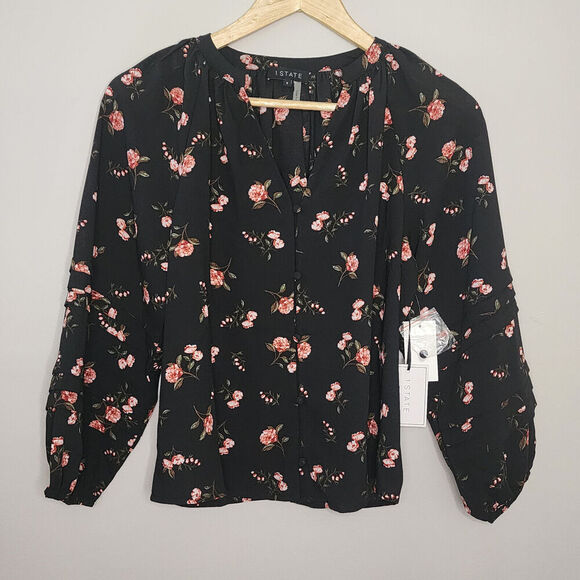 1.State V Neck Button Front Black Floral Long Sleeve Women's Size Small - NWT - Picture 1 of 6